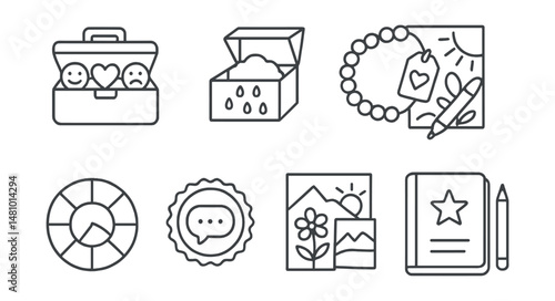 Line style icons of creative coping tools: teen toolbox for feelings, DIY worry box icon, calming bracelet tag, coloring for calm page, visual mood tracker, create your mantra badge, collage for hope