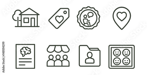 Line style icons of support outside school: local youth center icon, teen health line tag, therapy support badge, trusted place pin, mental health workshop flyer, weekend support meetup, after-school