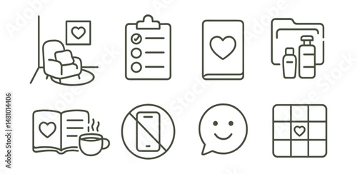 Line style icons of self-care for teens: comfort corner icon, personal joy list, “just for me” time card, care routine file, journal with tea symbol, phone-free moment badge, emotional check bubble,