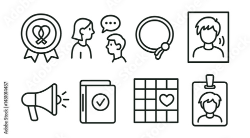 Line style icons of community awareness and youth voice: mental health awareness week badge, teen-led peer talk icon, awareness bracelet symbol, “listen to youth” poster, youth voice megaphone,