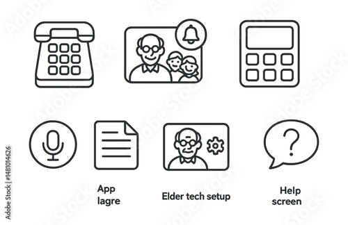 Line style icons of elder-friendly technology: big button phone, video call with grandkids icon, reminder alarm badge, simplified tablet interface, voice assistant tag, app with large text file,