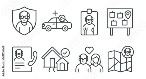 Line style icons of community elder support: local senior center badge, ride to clinic icon, community meal tag, neighborhood check-in board, elder support hotline file, door-to-door service chart,