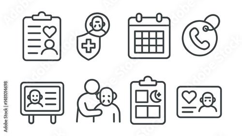 Line style icons of family caregiving: caregiving planner file, medicine management badge, shared caregiver calendar, check-in call tag, elder routine board, support for carer icon, rest break