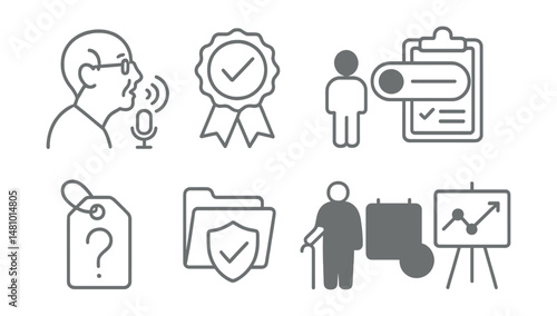 Line style icons of dignity and autonomy: voice of elder icon, choice respected badge, independence toggle, custom care plan card, “ask me first” tag, consent always file, respect for routine symbol,