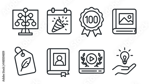 Line style icons of celebration and legacy: family tree board, celebration calendar icon, milestone party badge, album of memories file, legacy letter tag, life story book, video tribute card, wisdom