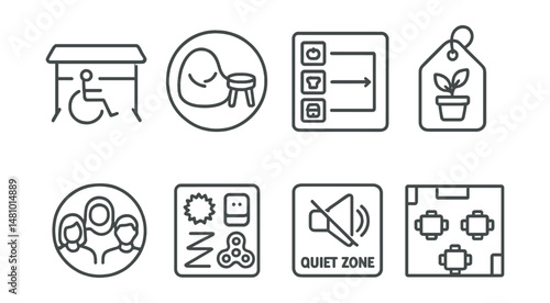Line style icons of inclusive classroom design: accessible desk icon, flexible seating badge, visual schedule chart, calm corner tag, classroom diversity symbol, sensory toolkit board, quiet zone