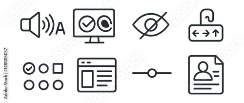Line style icons of inclusive digital learning: text-to-speech icon, screen reader compatibility badge, visual accessibility toggle, keyboard navigation path, choice of response format, simplified