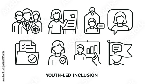 Line style icons of youth-led inclusion: student council with equity badge, youth-led event board, voice in rules tag, “what helps me” speech bubble, classroom agreements file, inclusion ambassador