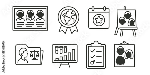 Line style icons of representation in curriculum: diverse biographies board, global literature badge, cultural calendar tag, inclusive art project icon, equity in history file, science across