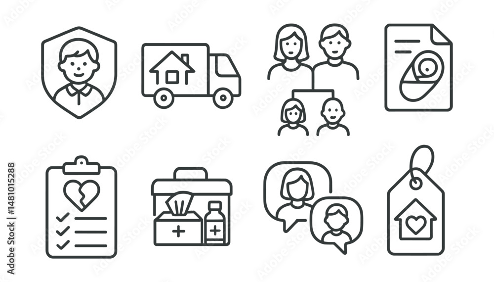 Line style icons of parenting through transitions: first day of school badge, move to new home icon, blended family chart, new sibling arrival file, divorce support plan, loss and grief toolkit, Line style icons of parenting through transitions: first day of school badge, move to new home icon, blended family chart, new sibling arrival file, divorce support plan, loss and grief toolkit,