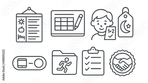 Line style icons of everyday parenting support: morning routine chart, meal planning board, homework help icon, bedtime routine tag, screen time balance toggle, after-school activities file, daily