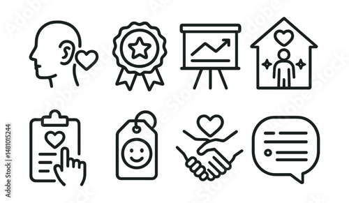 Line style icons of positive parenting practices: listen with care icon, praise effort badge, set clear boundaries chart, warmth + structure board, empathy in action file, calm response tag,