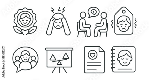 Line style icons of mental health for parents: self-care for parents badge, parenting stress scale, talking to a counselor icon, overwhelmed emotion tag, community support group bubble, balance