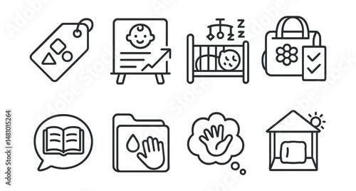 Line style icons of early childhood support: play-based learning tag, child milestones board, toddler sleep plan icon, diaper bag checklist, story time bubble, sensory play idea file, parent-toddler