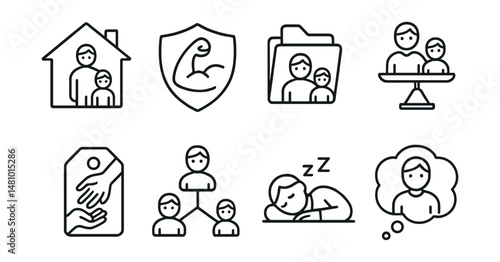 Line style icons of single and solo parenting: one parent home icon, solo parenting strength badge, co-parenting plan file, time balance board, external support tag, community allies chart, rest for