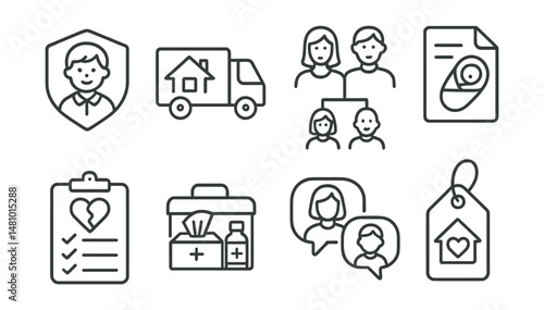 Line style icons of parenting through transitions: first day of school badge, move to new home icon, blended family chart, new sibling arrival file, divorce support plan, loss and grief toolkit,