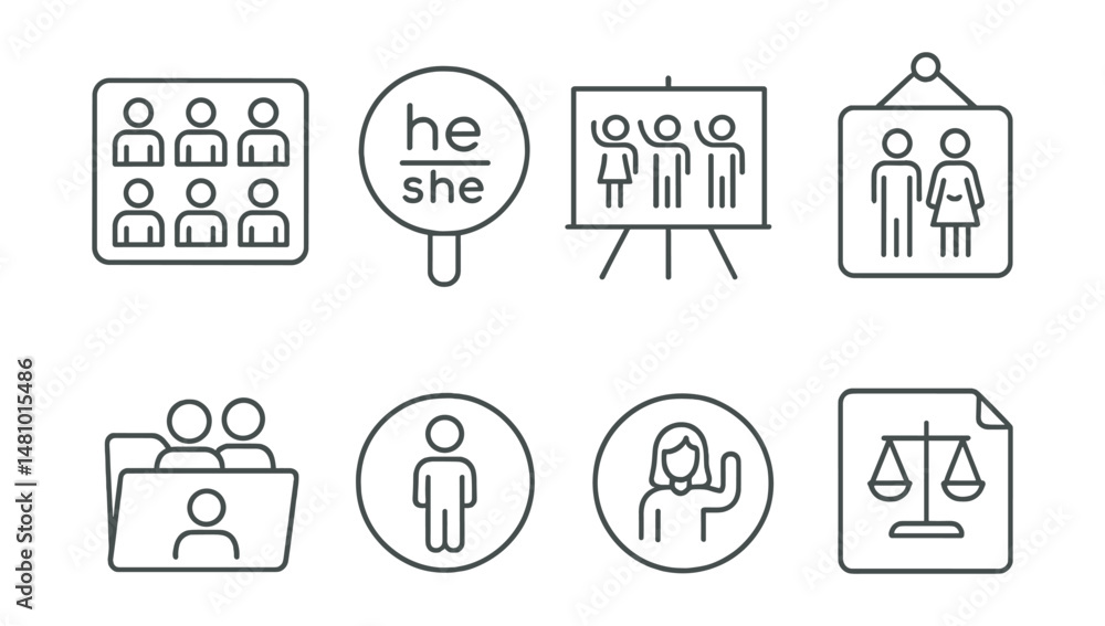 Line style icons of gender-equal classroom: balanced seating chart, inclusive pronoun badge, equal participation board, classroom respect sign, co-lead project file, gender-neutral restroom icon, Line style icons of gender-equal classroom: balanced seating chart, inclusive pronoun badge, equal participation board, classroom respect sign, co-lead project file, gender-neutral restroom icon,