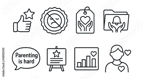 Line style icons of parenting self-compassion: “you’re doing your best” icon, guilt-free zone badge, support not shame tag, ask for rest file, parenting is hard bubble, celebrate small wins board,