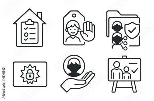 Line style icons of child safety and protection: home safety checklist, consent in childhood tag, body autonomy chart, online safety file, safe word card, reporting with care icon, trusted adult