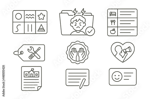 Line style icons of parenting for neurodivergent children: sensory profile board, meltdowns + regulation file, routines that help chart, parenting toolbox tag, stim-positive badge, advocacy with love