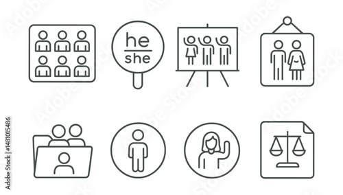 Line style icons of gender-equal classroom: balanced seating chart, inclusive pronoun badge, equal participation board, classroom respect sign, co-lead project file, gender-neutral restroom icon,