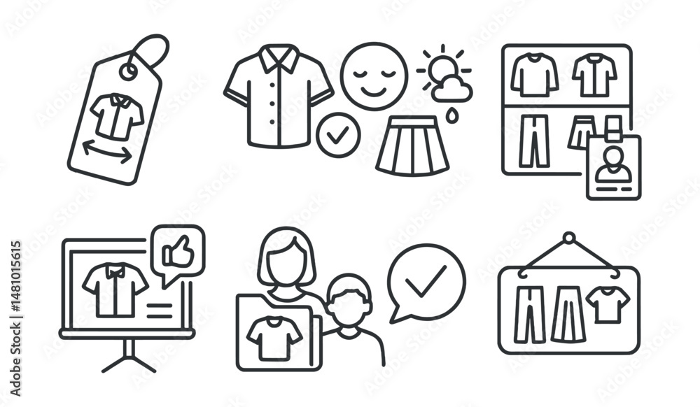 Line style icons of inclusive school uniforms: flexible uniform tag, comfort and choice icon, weather + identity badge, non-binary clothing chart, feedback on policy board, parent-student uniform Line style icons of inclusive school uniforms: flexible uniform tag, comfort and choice icon, weather + identity badge, non-binary clothing chart, feedback on policy board, parent-student uniform