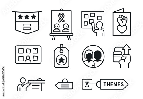 Line style icons of school-wide initiatives: equality week banner, awareness campaign board, student-led pledge wall, celebration of equity card, inclusive bulletin icon, assembly with themes tag,