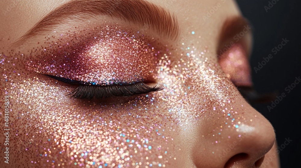 Fototapeta premium The face of a woman showcases vibrant, rainbow-colored eye makeup near her eye, accompanied by gold glitter on her cheek in a dark setting