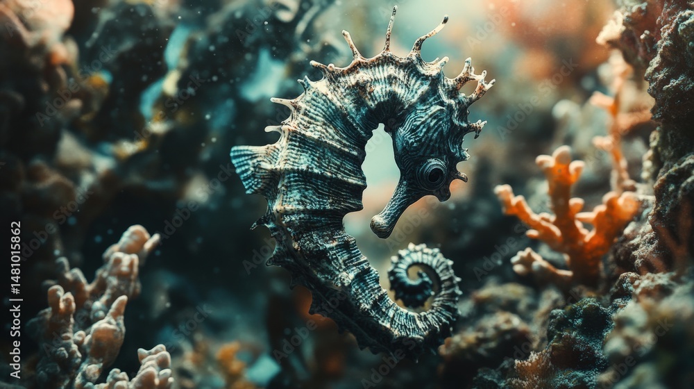 Intricate seahorse nestled within coral reef. Intricate seahorse nestled within coral reef.