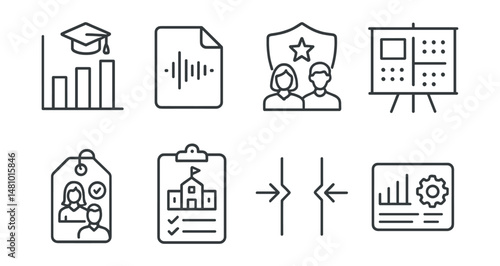 Line style icons of inclusive data tracking: enrollment equity chart, voice frequency file, leadership by gender badge, opportunity breakdown board, feedback by role tag, school audit tracker, gaps