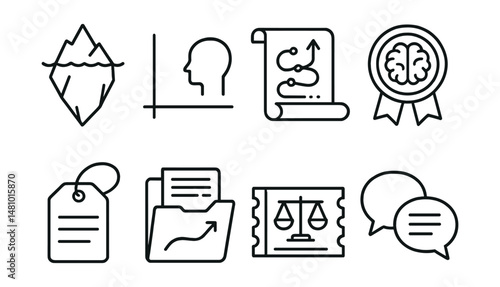 Line style icons of reflection and learning: identity iceberg board, privilege + perspective chart, learning journey log, growth mindset badge, “I used to think…” tag, journal of change file, equity