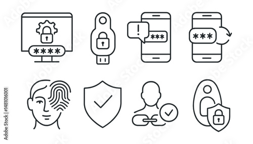 Line style icons of Web3 cybersecurity: two-factor authentication setup, hardware security key icon, SMS authentication warning, OTP app backup, biometric 2FA login, WebAuthn badge, decentralized