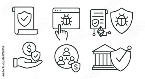 Line style icons of Web3 cybersecurity: DeFi insurance claim, protocol bug claim submission, smart contract audit claim, cyberattack insurance badge, user asset insurance icon, community-funded