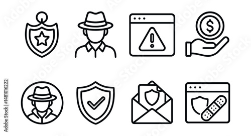 Line style icons of Web3 cybersecurity: cybersecurity bounty hunter badge, white-hat hacker recognition, vulnerability submission portal, security researcher reward, ethical hacker seal, secure code