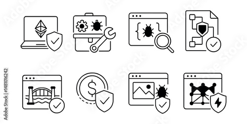 Line style icons of Web3 cybersecurity: Web3 penetration testing service, DeFi audit toolkit, smart contract fuzz testing, zero-knowledge proof audit, cross-chain bridge audit, stablecoin audit icon,
