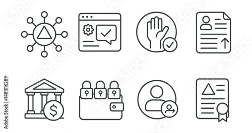 Line style icons of DAO: decentralized autonomous organization icon, DAO governance platform, community voting badge, proposal submission form, treasury management icon, DAO multisignature wallet,