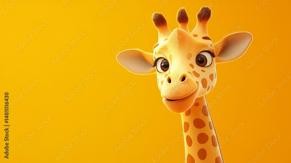 Obraz premium Adorable Cartoon Giraffe Yellow Background Cute Animal Illustration 3D Fun Gold Warm Kids Happy