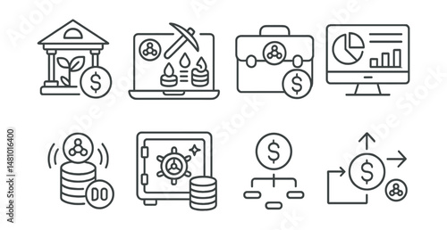 Line style icons of DAO: DAO treasury yield farming, DAO liquidity mining participation, DAO investment portfolio icon, passive income dashboard, staking rewards distribution, DAO vault rewards, DAO