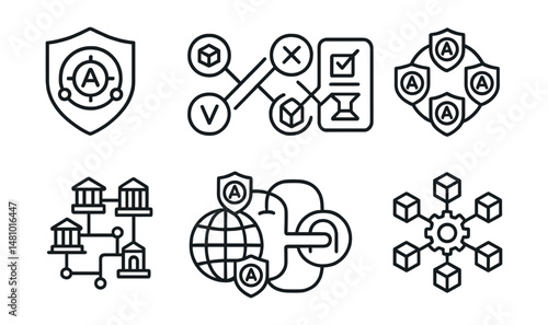 Line style icons of DAO: meta-governance DAO badge, DAO-to-DAO collaboration icon, cross-DAO voting icon, DAO coalition badge, interoperable governance system, federated DAO network, delegation