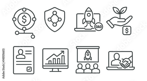 Line style icons of DAO: investment DAO, venture DAO badge, startup accelerator DAO, seed funding DAO platform, investment proposal form, portfolio performance dashboard, startup pitch event icon,