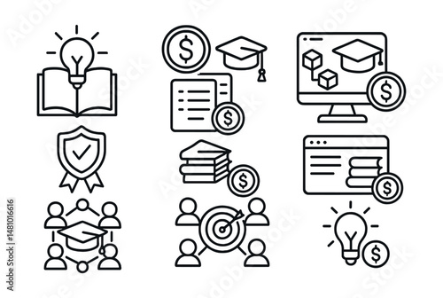 Line style icons of DAO: learning DAO icon, education funding DAO, Web3 learning platform DAO, skill certification badge, scholarship grant proposal, educational resource funding, decentralized
