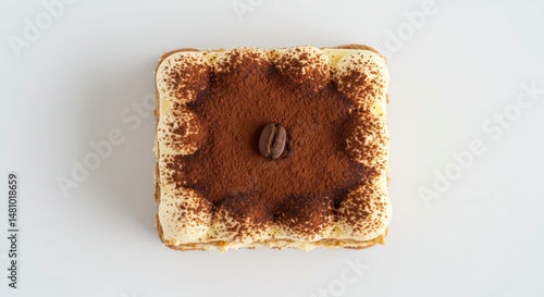Overhead View of Tiramisu Dessert with Chocolate Powder and Coffee Bean on a White Background