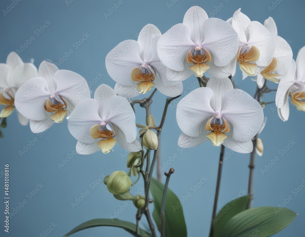 Obraz premium Intricate watercolor rendering of Philippine Phalaenopsis orchids against a serene blue backdrop , tropical, design, exotic