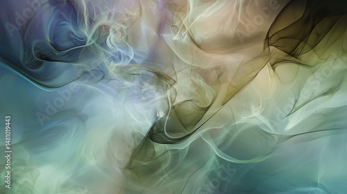 Abstract swirling pastel smoke clouds in teal green beige and brown colors create a dreamy ethereal textured background ideal for design projects and artistic applications.