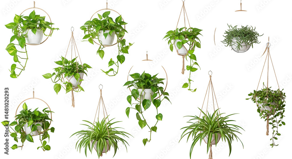 Fototapeta premium Collection of hanging plants in pots isolated on transparent background
