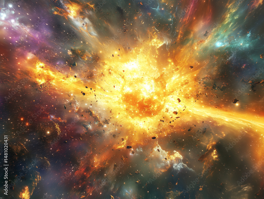 Naklejka premium Fiery cosmic explosion illustration isolated on dark background, digital art