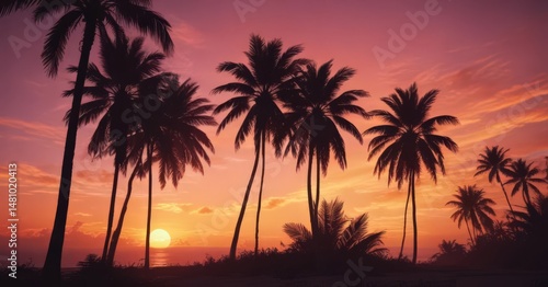 Silhouetted palm trees against a vibrant sunset ,  silhouette design,  mexico