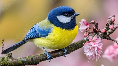 Vibrant Blue Tit Bird on Pink Blossom Branch