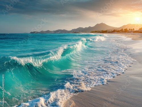 Turquoise Ocean Sunset on Secluded Caribbean Beach, Tropical Landscape