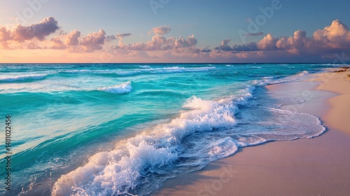 Golden Hour Caribbean Beachscape: Turquoise Waves & Sky Copy Space